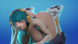 1girls all_fours alternate_version_available ass big_breasts female female_only footwear fortnite full_body hands_and_knees headphones kewdlewd looking_at_viewer panties shoes solo solo_female yuki_(fortnite)