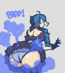 blue_hair blue_panties confused doll dress embarrassed fart fart_cloud gwen_(league_of_legends) league_of_legends lolotron6 looking_over_shoulder panties unusual_fart upskirt