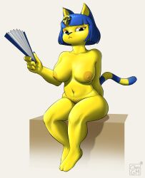 2023 absurd_res animal_crossing ankha ankha_(animal_crossing) anthro ass big_breasts big_butt blue_hair breasts chipsgm digital_media_(artwork) domestic_cat feet felid feline felis female fur genitals hair hi_res huge_thighs jewelry looking_at_viewer mammal markings narrowed_eyes navel nintendo nipples nude pubes pussy short_stack shortstack simple_background sitting solo striped_markings striped_tail stripes tail tail_markings thick_thighs uraeus watermark white_background wide_hips yellow_body yellow_fur