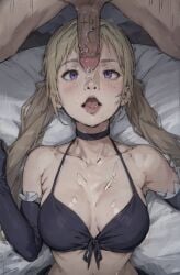 ai_generated big_breasts blonde_hair bra cock_on_face elbow_gloves lieselotte_sherlock on_bed open_mouth purple_eyes stable_diffusion