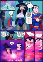 1boy 1girls black_hair blue_eyes clark_kent comic dc dc_comics dialogue english hat heat_vision kryptonian love_spell sorceress superman superman_(series) the-arthman top_hat watermark zatanna zatanna_zatara