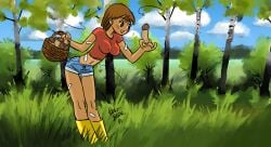 au_(artist) boli-blog brown_hair forest_background mushroom nipples_visible_through_clothing shorts