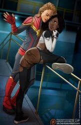 2girls alx_(fuckit) areolae ass background bare_ass big_areolae big_butt breasts butt captain_marvel carol_danvers chocolate_and_vanilla clothed clothed_female clothed_sex dark-skinned_female dark_skin discipline domination duo eye_contact female female_only female_protagonist femdom femsub finger_to_mouth fingerless_gloves full_body fully_clothed gloves handprint hips human human_only interracial interracial_yuri kinky_hair legs_up lezdom light-skinned_female light_skin looking_back looking_back_at_partner marvel marvel_cinematic_universe monica_rambeau multiple_girls nipples perky_breasts photon_(marvel) puffy_areolae railing side_view small_breasts spank_marks spanked spanking spanking_ass stairs submissive superhero_costume superheroine the_marvels torn_clothes torn_legwear yuri