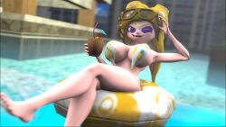 1girls 3d 3d_(artwork) alternate_version_available arkired beverage big_breasts breasts coconut coconut_drink female female_only floatie holding_beverage octoling octoling_girl one_eye_closed open_mouth open_smile pool public public_pool raminax78 smile solo solo_female splatoon wink