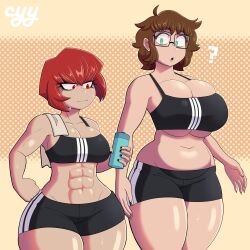 2girls abs athletic athletic_female bare_midriff big_breasts breasts brown_hair bursting_breasts busty cleavage cyyfapse cyynapse ellie_(paladin) female female_focus female_only glasses green_eyes hourglass_figure kim_(cyyfapse) large_breasts medium_support_(meme) meme meme_attire multiple_girls navel overflowing_breasts red_eyes red_hair short_hair sports_bra sportswear tagme underwear wide_hips