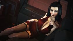 3d bare_shoulders big_breasts bioshock bioshock_infinite black_hair blue_eyes blush breasts burial_at_sea busty car car_interior cleavage dress elizabeth_comstock elizabeth_comstock_(burial_at_sea) eyeliner eyeshadow female female_focus female_only fishnet fishnet_legwear fishnet_stockings fishnets garter_straps hourglass_figure legwear lipstick long_fingernails long_hair makeup nail_polish pale-skinned_female pale_skin pinup pinup_pose short_dress tage tagme wide_hips wildynsfw