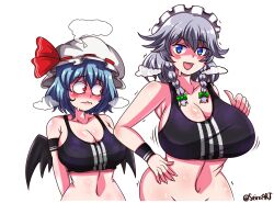 bat_wings big_boobs big_breasts big_tits blue_eyes blue_hair blush grey_hair looking_at_viewer medium_support_(meme) meme nervous no_panties no_underwear panting red_eyes remilia_scarlet sakuya_izayoi seireiart sideboob smile smiling smiling_at_viewer sports_bra sportswear suprised suprised_look sweat sweating tagme touhou