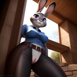 1girls 2020s 2023 ai_generated anthro chaps crotchless crotchless_clothes disney female female_only frosting.ai furry grey_fur judy_hopps low-angle_view pussy rabbit rabbit_humanoid scalieton self_upload vagina zootopia