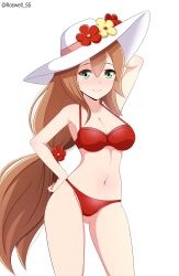 1girls armpits artist_name beach_hat big_breasts bikini brown_hair cleavage green_eyes hair_clip hat iris_(mega_man) long_hair mega_man mega_man_x mega_man_x_dive red_bikini roswell-ss simple_background swimsuit swimsuit_iris_(x_dive) tagme very_long_hair white_background