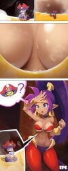 2d 2girls belly_dancer_outfit blue_eyes cleavage epe female_only fetish genie genie_girl giantess larger_female micro multiple_girls panels pirate_hat purple_hair purple_skin revealing_clothes risky_boots shantae shantae_(character) size_difference smaller_female steaming_body sweat sweatdrop tanned underboob