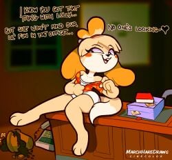 1girls 2023 animal_crossing before_sex blonde_hair blush canine clothed clothing condom_wrapper desk dialogue domestic_dog female female_only isabelle_(animal_crossing) marchharedraws office solo solo_female suggestive tail text white_fur yellow_fur