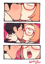 1boy 1girls 2021 bigger_male blush bracelet close-up closed_eyes colo comic_page dream freckles glasses hand_on_face hand_on_neck hugging kissing kyler_(colo) lost_to_lust original rita_(colo) saliva_trail shirt short_hair signature sweet_hex teeth tongue_out