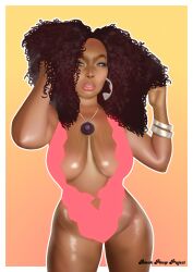 1girls adjusting_hair big_breasts big_hair black_pinup_project bracelets breasts brown-skinned_female brown_hair brown_skin cowboy_shot curly_hair curvaceous dark_skin earrings eyebrows eyelashes eyeshadow female female_only front_view green_eyes hip_bones huge_breasts huge_hair human large_breasts lipstick necklace oiled oily_skin olive_eyes original_character outline pelvic_lines pinup playing_with_hair purple_eyeshadow realistic_textures red_lipstick red_swimsuit shiny_breasts shiny_skin solo stretch_marks swimsuit thighs two_tone_lips voluptuous voluptuous_female wet_breasts white_outline wide_hips