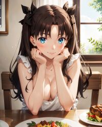 1girls 313aec ai_generated apron apron_only arm_support blue_eyes blush breasts brown_hair chair cleavage collarbone fate/stay_night fate_(series) female female_only food frilled_apron frills hair_ribbon hands_on_own_face long_hair looking_at_viewer medium_breasts naked_apron smile solo stable_diffusion table tohsaka_rin twintails two_side_up