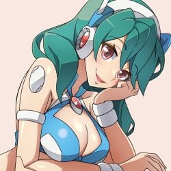 1girls alia android big_breasts bikini blue_hair cleavage female gtmwd looking_at_viewer mega_man mega_man_x mega_man_x_dive red_eyes robot_girl robot_joints solo swimsuit swimsuit_alia_(x_dive) tagme upper_body