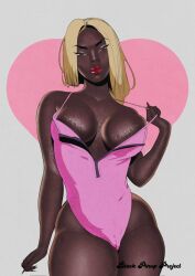 1girls big_breasts black_pinup_project blonde_hair blowing_kiss breasts breasts_apart brown-skinned_female brown_skin cameltoe clothed cropped_legs dark-skinned_female dark_skin eyes female female_focus front_view hair huge_breasts human large_breasts legs lips lipstick long_nails one-piece_swimsuit pink_clothing pink_swimsuit pinup red_lipstick solo standing swimsuit undressing wet_skin yellow_hair