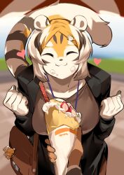 1girls anthro big_breasts breasts crepe eyes_closed female happy looking_at_viewer looking_down mx99926 oc short_hair sole_female solo solo_female solo_focus tail thick_thighs tiger tiger_ears tiger_girl tiger_print tiger_stripes tiger_tail waai_fu_(arknights) wholesome wide_hips