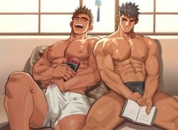 2boys abs bara black_male_underwear book boxers bulge couple dark-skinned_male dark_skin drooling erection erection_under_clothes feet_out_of_frame gay handheld_game_console holding holding_book holding_handheld_game_console large_pectorals male_focus male_underwear mature_male multiple_boys muscular muscular_male navel nipples original pectorals precum precum_through_clothes short_hair side-by-side sideburns sideways_glance sitting sleeping thick_eyebrows thick_thighs thighs topless_male underwear underwear_only wet wet_clothes wet_male_underwear white_male_underwear window yaoi youchi123