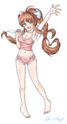 1girls barefoot doki_doki_literature_club feet female female_only green_eyes long_hair monika_(doki_doki_literature_club) one_female ponytail shorts solo solo_female