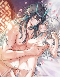 1boy1girl bed bedroom_eyes blush dan_heng dan_heng_(imbibitor_lunae) groping_breasts honkai:_star_rail honkai_(series) long_hair male/female naked panting raw_sex senasolumi stelle_(honkai:_star_rail) vaginal_penetration