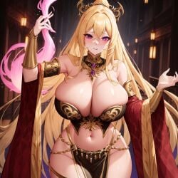 ai_generated belly_dancer belly_dancer_outfit bimbo black_clothes black_clothing blonde_hair chaos_(warhammer) cult cultist exotic_dancer gold gold_(metal) gold_jewelry jewelry skimpy skimpy_clothes slaanesh slaaneshi_cultist unstable_diffusion voluptuous warhammer_(franchise) warhammer_fantasy