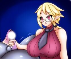 alternate_version_available breasts completely_nude completely_nude_male condom cum disgaea ejaculation handjob large_breasts nippon_ichi_software penis professor_(disgaea) used_condom yukari_ume