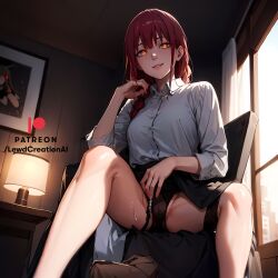 ai_generated big_breasts buttoned_shirt cameltoe chainsaw_man dominant dominant_female domination from_below glowing glowing_eyes grin huge_breasts indoors lewdcreationsai looking_at_viewer looking_down makima_(chainsaw_man) nipples office office_lady panties pussy_ejaculation pussy_juice pussy_juice_drip pussy_juice_trail red_hair shirt sitting sitting_on_chair skirt smile smirk spread_legs spreading thick_thighs thighs yellow_eyes