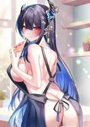 1girls apron apron_only ass asymmetrical_horns black_hair black_horns blue_hair blush ear_ornament eating female female_only hair_ornament hololive hololive_english hololive_english_-advent- horns large_breasts light-skinned_female light_skin long_hair looking_at_viewer looking_back looking_back_at_viewer mole mole_under_eye nail_polish nerissa_ravencroft pizza red_eyes rongchuhan smile solo two_tone_hair virtual_youtuber