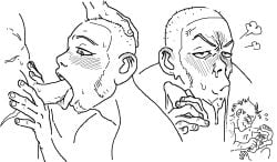 2boys blowjob blush cum_in_mouth cum_on_face cum_out_nose cumshot cumshot_in_mouth deepthroat gay gay_sex golden_kamuy male male/male male_focus male_only monochrome multiple_boys scars scars_on_thighs shiraishi_yoshitake solo_focus sugimoto_saichi sweat sweating tongue_out yaoi