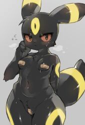 anthro black_body black_fur eeveelution female fur generation_2_pokemon mammal mofuaki nintendo nipple_tape pasties pokemon pokemon_(species) pussy_tape red_sclera simple_background solo tape umbreon