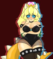 1girls arm_bands big_ass big_breasts big_butt blonde_hair blue_eyes blush bodysuit boob_squish bowsette breasts choker cute digital_media_(artwork) female female_only fully_clothed hip_dips hips horns large_breasts long_hair looking_at_viewer mario_(series) maroon_background monster_girl new_super_mario_bros._u_deluxe original ponytail pout pouting pouting_lips pouty pouty_lips princess small_mouth solo spikes tail thick thick_ass thick_legs thick_thighs thigh_highs thighhighs thighs whining