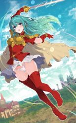 1girls :o aqua_hair armor blue_eyes blue_sky boots bracelet breastplate cape earrings eirika_(fire_emblem) female female_only fingerless_gloves fire_emblem fire_emblem:_the_sacred_stones gloves holding holding_sword holding_weapon jewelry light_particles long_hair miniskirt nintendo open_mouth panties rapier red_footwear red_gloves red_shirt red_thighhighs shirt short_sleeves shoulder_armor skirt skirt_lift sky solo sword thigh_boots thighhighs underwear upskirt weapon white_panties white_skirt yuuri_(orz_commushows)