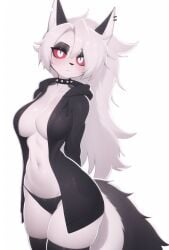 ai_generated anthro cute furry hellhound helluva_boss hoodie hoodie_only loona_(helluva_boss) panties red_sclera sywu02 white_eyes