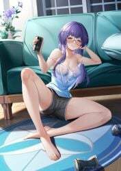 beer_can blue_eyes blue_hair breasts_visible_through_clothing couch d.joko glasses honkai:_star_rail honkai_(series) large_breasts long_hair nipples_visible_through_clothing pela_(honkai:_star_rail) spread_legs wet_clothes wet_shirt