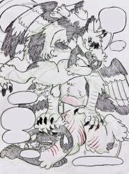 2023 angry_eyes anthro birdpaw_(artist) bodily_fluids bovid breasts breath caprine chubby_anthro chubby_female digital_media_(artwork) dragon dripping duo ear_piercing ear_ring fangs feathered_dragon feathered_wings feathers female fur furred_dragon fursona_(birdpaw) genital_fluids genitals graphite_(artwork) guide_lines hand_on_arm hand_on_butt hand_on_head hi_res horn male male/female mammal pencil_(artwork) penis piercing pink_penis precum precum_drip pussy ring_piercing scratches sheep speech_bubble tail_feathers talons teeth traditional_media_(artwork) wings wool_(fur) wounded