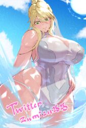 1girls artoria_pendragon_(swimsuit_ruler) artoria_pendragon_(swimsuit_ruler)_(second_ascension)_(fate) big_breasts big_hips blonde_female blonde_hair breasts fate/grand_order fate_(series) green_eyes hips swimsuit zumizu