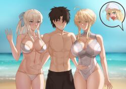 1boy 3girls artoria_pendragon_(caster) artoria_pendragon_(lancer) artoria_pendragon_(swimsuit_ruler) artoria_pendragon_(swimsuit_ruler)_(second_ascension)_(fate) blonde_hair fate/grand_order fate_(series) green_eyes morgan_le_fay_(fate)