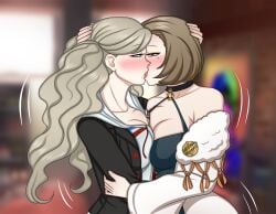 2girls ann_takamaki beauty_mark blonde_hair blue_eyes breast_press brown_hair cleavage crossover drooling eyeshadow female female_only fire_emblem fire_emblem:_three_houses french_kiss grey_eyes kissing large_breasts lesbian lipstick loutaniart makeup manuela_casagranda mole mole_under_eye more_at_source multiple_girls nintendo orange_eyeshadow orange_lips orange_lipstick persona persona_5 saliva short_hair tongue tongue_out yuri