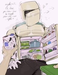 animate_inanimate bulge bulge_through_clothing dialogue english_text erection erection_under_clothes first_person_view food fridge hidden_face humanoid kogito looking_at_another male male_only milk_bottle non-human pants partially_clothed pov refrigerator robot text