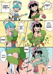 2girls 3boys big_breasts blue_eyes blue_hair bulma_briefs chichi dragon_ball dragon_ball_super dragon_ball_z funsexydragonball goblin goblin_male grabbing humping saibaiman shocked sword