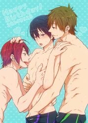 10s 3boys black_jammers black_male_swimwear blush boy_sandwich free! gay grabbing_another's_hair hand_in_pants happy_birthday hato_yu-ki heart jammers licking licking_nipple male_focus male_swimwear multiple_boys nanase_haruka_(free!) nipple_play rin_matsuoka sandwiched sharp_teeth sucking_male_nipple sweat swimsuit tachibana_makoto tears teeth topless_male yaoi