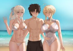 1boy 2girls artoria_pendragon_(lancer) artoria_pendragon_(swimsuit_ruler) artoria_pendragon_(swimsuit_ruler)_(second_ascension)_(fate) blonde_hair fate/grand_order fate_(series) green_eyes morgan_le_fay_(fate)