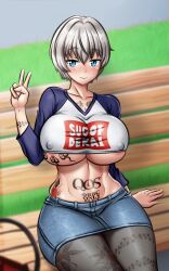 1girls big_breasts blue_eyes blush breasts clothed clothing curvaceous curvy fbi_ecchi female female_only gray_hair hi_res huge_breasts large_breasts looking_at_viewer nipples nipples_visible_through_clothing peace_sign queen_of_spades raceplay short_hair sitting smile smiling solo solo_female tattoo tattoos thick_thighs thighs underboob uzaki-chan_wa_asobitai! uzaki_hana voluptuous wide_hips