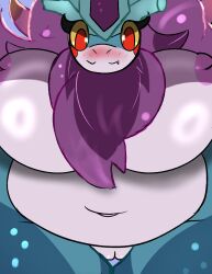 2023 ancient_pokemon anthro areola big_breasts blue_body blush blush_lines breasts chest_tuft chubby_female curvy_figure female front_view generation_9_pokemon genitals hair hi_res inverted_nipples looking_at_viewer looking_down looking_down_at_viewer low-angle_view miyang_draws! multicolored_body navel nintendo nipples nude paradox_pokemon pink_areola pokémon_(species) pokemon pokemon_(species) purple_hair pussy red_eyes smile snaggle_tooth solo thigh_gap tuft voluptuous walking_wake worm's-eye_view