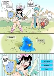 1boy 2girls big_breasts black_hair blue_eyes blue_hair bulma_briefs chichi dragon_ball dragon_ball_super dragon_ball_z funsexydragonball healer high_heels oolong panties rpg shield slime sword