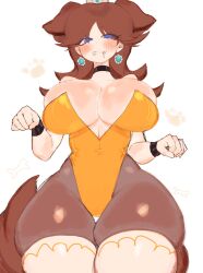 blue_eyes blush bone bone_in_mouth breasts brown_hair choker crown dog_ears dog_girl dog_tail drooling earrings hourglass_figure large_breasts leotard long_hair mario_(series) nintendo pantyhose pawprint princess_daisy tagme thick_thighs thighhighs usa37107692