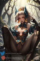 1girls ai_generated artsbuyu black_gloves black_legwear blush cameltoe closed_mouth coven_zyra dress eclipse_series gloves glowing_eyes green_dress hair_ornament hi_res league_of_legends legwear long_hair looking_at_viewer medium_breasts pantyhose ponytail pussy see-through see-through_clothing sitting smile spread_legs stable_diffusion white_hair yellow_eyes zyra