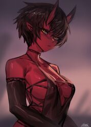 bare_shoulders black_hair breasts choker cleavage dress eyeliner female kidouko_(zakusi) nipples_visible_through_clothing no_bra oni oni_female red_oni red_skin short_hair sideboob very_short_hair yellow_eyes youkai zakusi