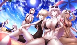 6+girls ahoge animal_ears artoria_pendragon_(all) artoria_pendragon_(alter_swimsuit_rider)_(first_ascension)_(fate) artoria_pendragon_(fate) artoria_pendragon_(lancer_alter)_(fate) atalanta_(fate) atalanta_alter_(fate) ball bare_shoulders beach beachball between_legs bikini black_bikini blush breast_hold breasts bridal_garter brown_eyes cat_ears center_opening cleavage cloud cloudy_sky cocktail_glass commentary_request cup dark-skinned_female dark_skin day drinking_glass embarrassed eyewear_on_head fate/grand_order fate_(series) front-tie_bikini_top front-tie_top glasses grey_eyes hand_between_legs highres holding huge_breasts jeanne_d'arc_(fate) jeanne_d'arc_alter_(avenger)_(fate) jeanne_d'arc_alter_(fate) large_breasts leaning_forward long_hair looking_at_viewer md5_mismatch multiple_girls mysterious_heroine_x_alter_(fate) navel ocean okita_souji_(fate) okita_souji_alter_(fate) one-piece_swimsuit pale_skin red_bikini resolution_mismatch saber_alter sand school_swimsuit shiroshisu short_hair sitting sky slingshot_swimsuit smile source_larger straw sun sunglasses swimsuit tassel trait_connection tree very_long_hair white_hair