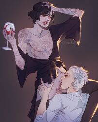 1cuntboy 2boys black_hair cunnilingus cuntboy cuntboy/male cuntboy_on_male devil_may_cry devil_may_cry_5 dmbakura gay human intersex licking licking_pussy male qlithotroots selfcest tagme v_(devil_may_cry) vampire vergil white_hair wine wine_glass